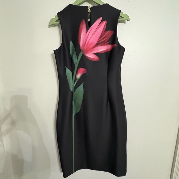 Halston Heritage Black Midi Sheath Dress with Pink Floral Detail NWOT SIZE 6 - Picture 3 of 8